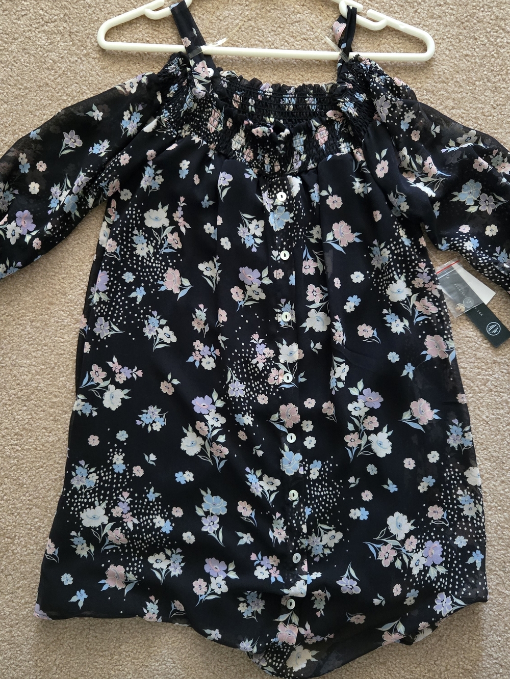 Black Floral Off The Shoulder Dress is Fully Lined. Straps Are Removable. XS